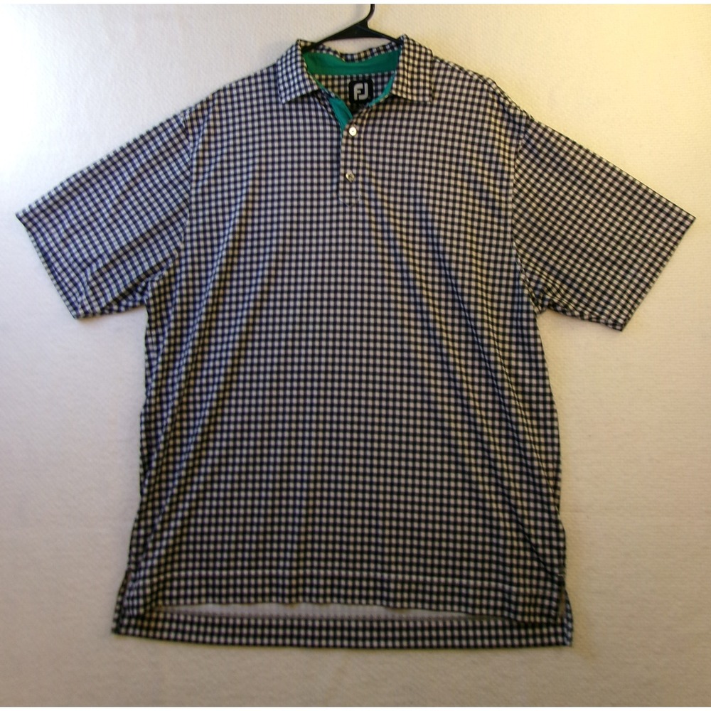 FootJoy Mens Gingham Golf Polo Shirt Navy White Teal Performance Stretch L‎